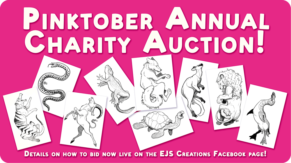 Pinktober Annual Charity Auction- Details on how to bid now live on the EJS Creations Facebook page! (Image depicts text with a selection of hand drawn pen and ink drawings of various extinct animals from the Pinktober 2025 challenge.)